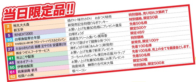 
㈱丸大大森
新玉亭
㈲NEXT2000
白塚漁協青壮年部
社会福祉法人夢の郷 クローバーハウスさとのパン
大谷はきもの店 商標 足やすめ 安濃津ばき
㈱まつぜんフードサービス
㈲よこや製茶
㈲ネオアート
伊勢地製茶
銘菓創庵 新月
松阪ハム㈱

焼のり・味付けのり　おまつり特売
新発売記念特価！うなぎクッキー
お買い上げ先着50名様にプレゼント進呈
白塚ぎょうざ
高級生クリーム食パン風味香
ぞうりで遊ばせて健康な体づくり
津ぎょうざの妹「あんみつ」新発売！
お買い上げ先着で新茶プレゼント
ゴーちゃんのガンバレ東日本応援ストラップ
お買い上げ先着50名様にお茶プレゼント
地産地消　榊原の古代米大福
板ベーコン

特別価格、売り切れ次第終了
特別価格、限定50袋
先着50名様
限定500ケ
限定48斤
特別価格
新発売、限定100ケ
先着100名様
先着100名様、売上の全てを義援金とします。
先着50名様
限定50個
特別価格、限定500本
